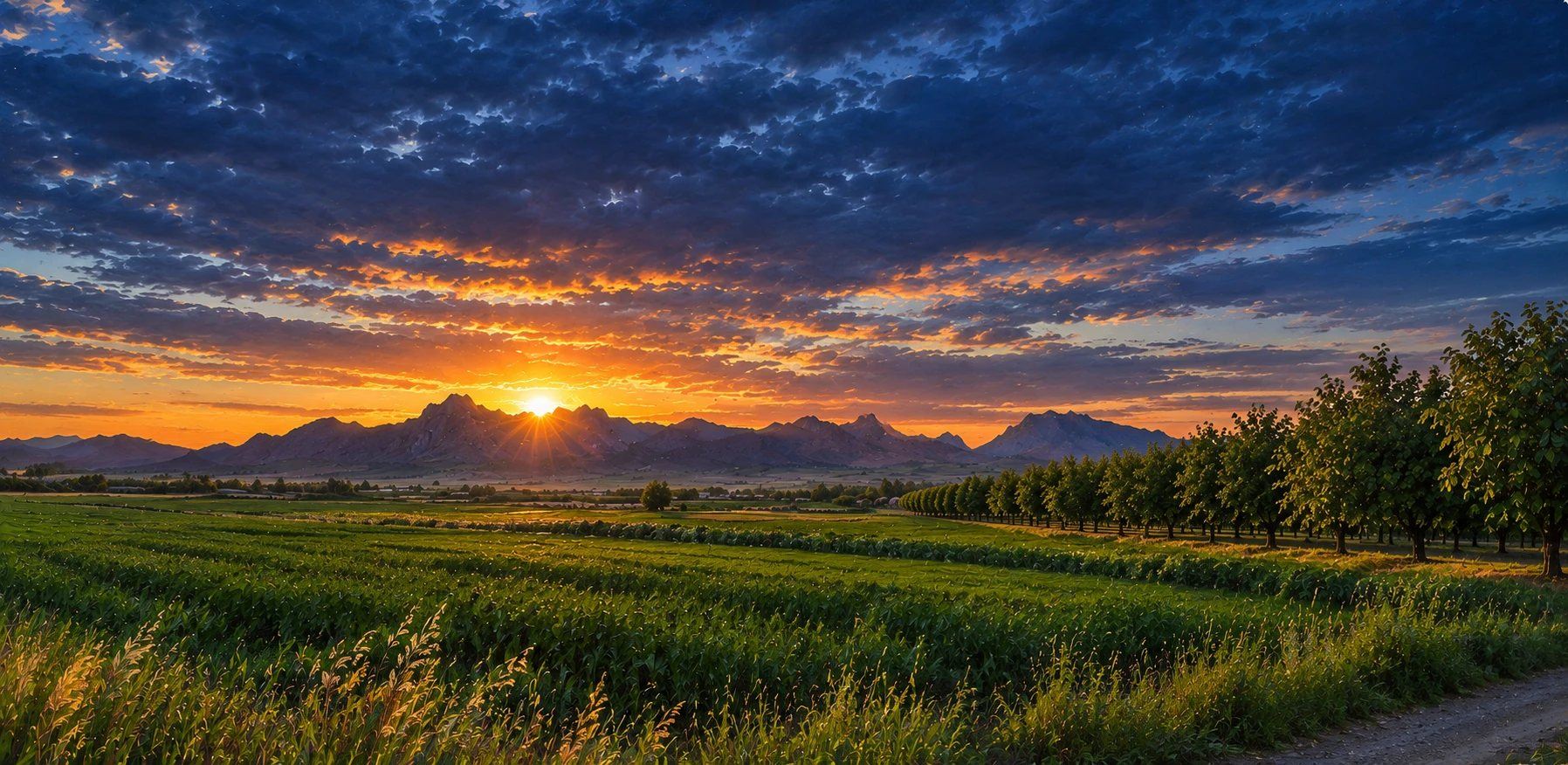Sunset over the Sutter Buttes, with green fields and an orchard in the foreground